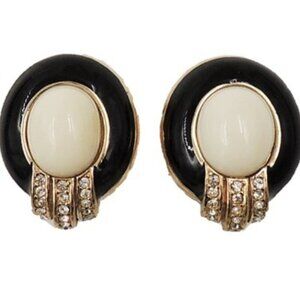 Vintage 1980s Signed Ciner Cabochon White Rhinestone Black Enamel Clip Earrings